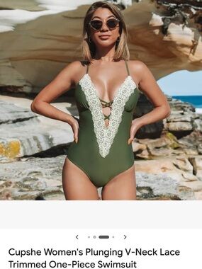 Cupshe Olive Green One-Piece Swimsuit with Cream Lace Trim
